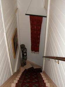 EaglehawkBorough B&B的一条带有红色窗帘和红色地毯的楼梯