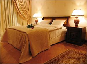 巴库AYF宫殿酒店的一间卧室配有一张大床,上面有两盏灯