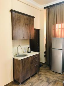 埃里温Guest house Abovyan street的厨房配有水槽和冰箱