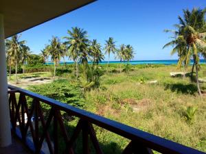 马米基里夏玛国潜水宾馆的阳台享有大海和棕榈树的景致。