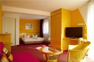 柏林布斯克鲁格公园酒店的一间酒店客房,配有一张床和一台电视