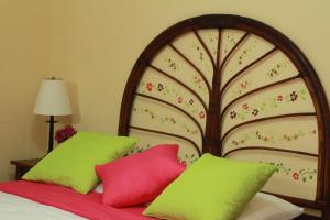 马那瓜Hotel Colibri的一间卧室配有带绿色和红色枕头的床