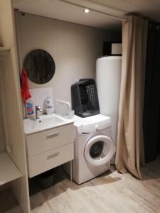 Martres-de-VeyreGîte ''Le nid de Bouly''的小型浴室设有洗衣机和水槽。