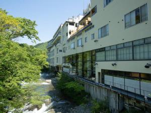 郡山Itoen Hotel Bandai Mukaitaki的建筑物旁河边的建筑物