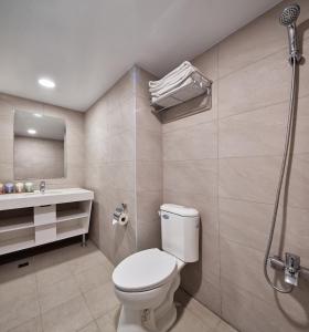 恒春古城恒农假期渡假饭店的浴室配有卫生间、盥洗盆和淋浴。