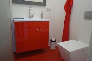 汉堡Kastanienallee 7的红色的浴室设有水槽和卫生间