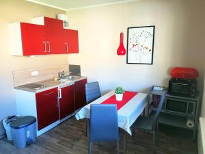 格拉尔-米里茨Ferienwohnungen Graal-Müritz的一个带红色桌子和水槽的小厨房