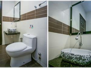 雪邦Sky Star Hotel KLIA/KLIA2的浴室的两张照片,配有卫生间和水槽