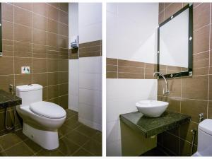 雪邦Sky Star Hotel KLIA/KLIA2的浴室的两张照片,配有卫生间和水槽