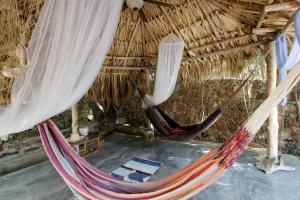 El YaqueStevieWonderLand Playa El Yaque的一间位于稻草小屋内的客房,配有两张吊床