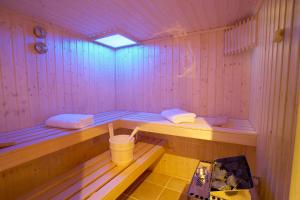 奥埃费努姆Rackmers Hof - Suiten Hotel garni mit Sauna的一间设有两个长椅和一桶水的桑拿浴室