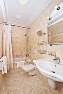 卡罗维发利罗萨别墅酒店的浴室配有盥洗盆、卫生间和浴缸。