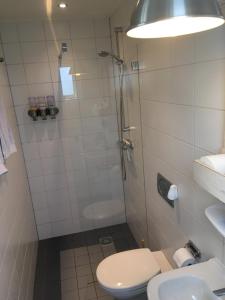 WestzaanHet Pulletje的带淋浴、卫生间和盥洗盆的浴室