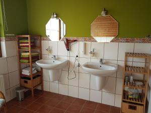 埃尔克伦茨Ferienwohnung Erkelenz的浴室设有两个水槽和绿色的墙壁。