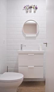 阿利坎特Hola Hostel Alicante的一间带卫生间、水槽和镜子的浴室