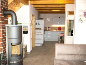 NeukalenFerienhaus F.Winkler的厨房以及带燃木炉灶的客厅。