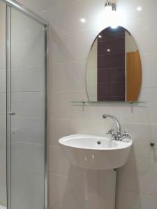 索非亚Mladost Apartments Sofia的一间带水槽和镜子的浴室