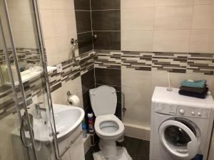里加Kvartira v Rige的浴室配有卫生间、盥洗盆和洗衣机。
