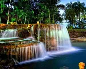 Los Guineos Perdidos帕拉伊索卡尼奥弘多酒店的瀑布在水池前