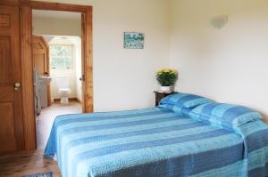 凯里凯里The Carriage House-Bay of Islands的一间卧室配有一张带蓝色条纹毯子的床