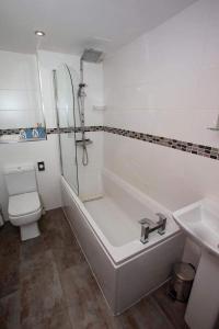 艾尔Mossie Apartment的带淋浴、卫生间和盥洗盆的浴室