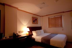 首尔大宇酒店的一间卧室配有一张床和一张带台灯的书桌