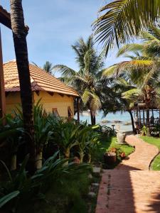 富国自由海滩度假酒店的棕榈树和步道的海滩上的房子