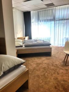 瓦赫河畔比斯特里察博特酒店的一间卧室设有两张床和大窗户