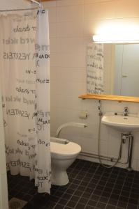 豪基普达斯Lomakoti Onnela的浴室设有卫生间和淋浴帘,上面写有淋浴帘。