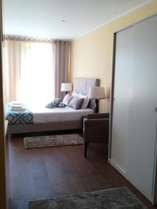 波尔图Oporto Downtown Flats的一间卧室设有一张床和一个大窗户