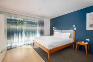 基督城The Adelphi的蓝色的卧室设有床和大窗户