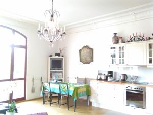 德累斯顿菲德勒别墅公寓的厨房配有桌椅和吊灯。