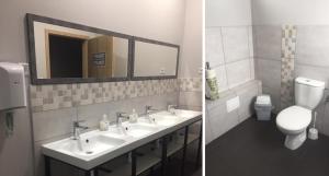 格丁尼亚Hostel City Center Gdynia的浴室设有2个水槽、卫生间和镜子。