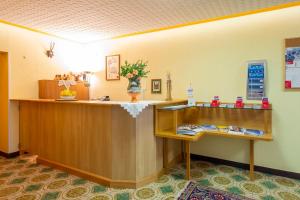 巴德小基希海姆速丹旅馆的一间有鲜花的柜台的等候室