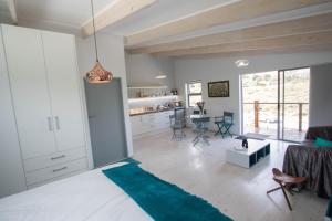 努尔德霍克Selkie - Two Restful Studio Apartments near Noordhoek Beach & Restaurants的一间铺有蓝色地毯的大客厅