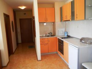 阳光海滩艾丽特3号综合公寓楼公寓之音酒店的小厨房配有橙色橱柜和水槽