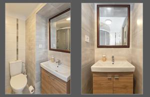 考纳斯HappyInn Rooms的浴室的两张照片,配有卫生间和水槽