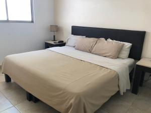 比亚埃尔莫萨Suites Real Tabasco的一间卧室配有一张大床和黑色床头板