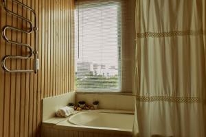 何塞伊格纳西奥BDL海滩设计阁楼二号度假屋的带浴缸、窗户和浴帘的浴室