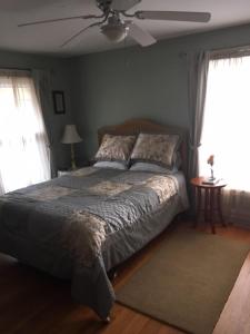FairviewFour Creeks Bed&Breakfast的一间卧室配有一张床和吊扇