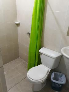 拉多拉达HOTEL LA QUINTA的浴室设有卫生间和绿色淋浴帘。