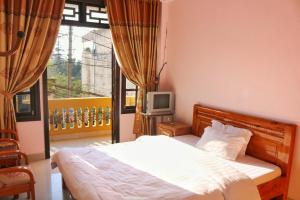 萨帕Thanh Ha Homestay Sapa的一间卧室设有一张床、一台电视和一个窗口。