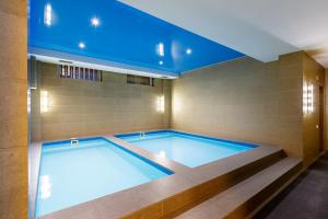 阿拉木图雷尼翁酒店的一个带蓝色天花板的游泳池