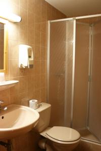 凯拉地区莫利讷Hotel Le Chamois Logis的浴室配有卫生间、盥洗盆和淋浴。