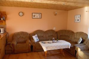 波拉齐克U Jędrusia的客厅配有两张沙发、一张桌子和一个时钟