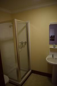 洛西茅斯GOLF View Hotel & Macintosh Restaurant的带淋浴和盥洗盆的浴室