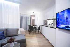 比亚韦斯托克Glamour Centrum的带沙发和电视的客厅以及厨房。