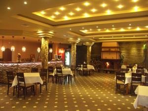 普列文Hotel Grivitsa的一间带桌椅和壁炉的餐厅