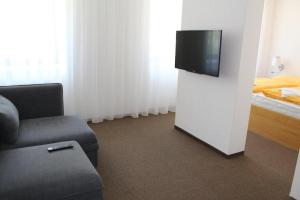 弗尔赫拉比Hotel Albis的客厅配有电视、沙发和床。