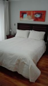 圣地亚哥Austral Rentahome Américo Vespucio Norte的一张白色大床,配有白色床单和枕头